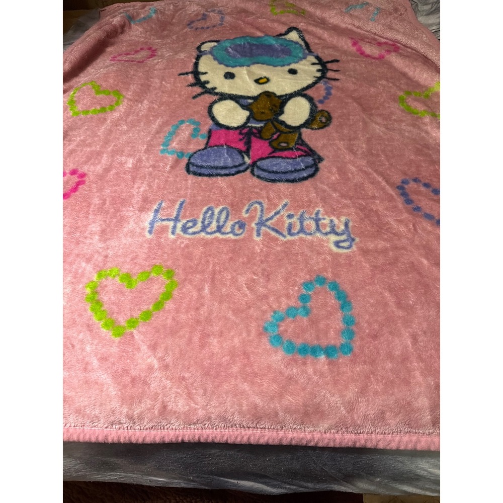 Sanrio Hello Kitty Pink Plush Fleece Throw Blanket Hearts Teddy Bear Kawaii Y2K